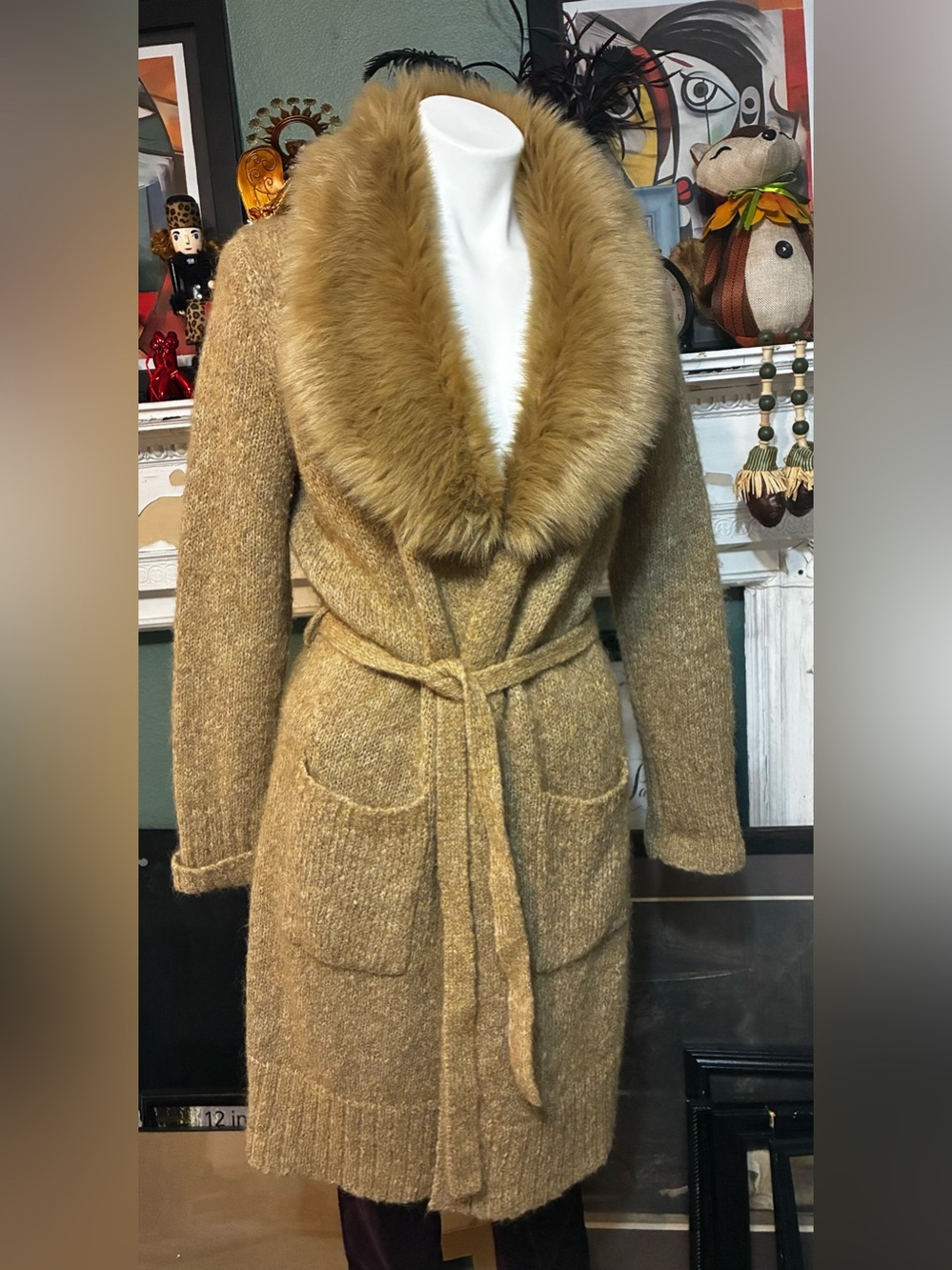 Women’s Camel Wool & Mohair Faux Fur trim Cardigan-M